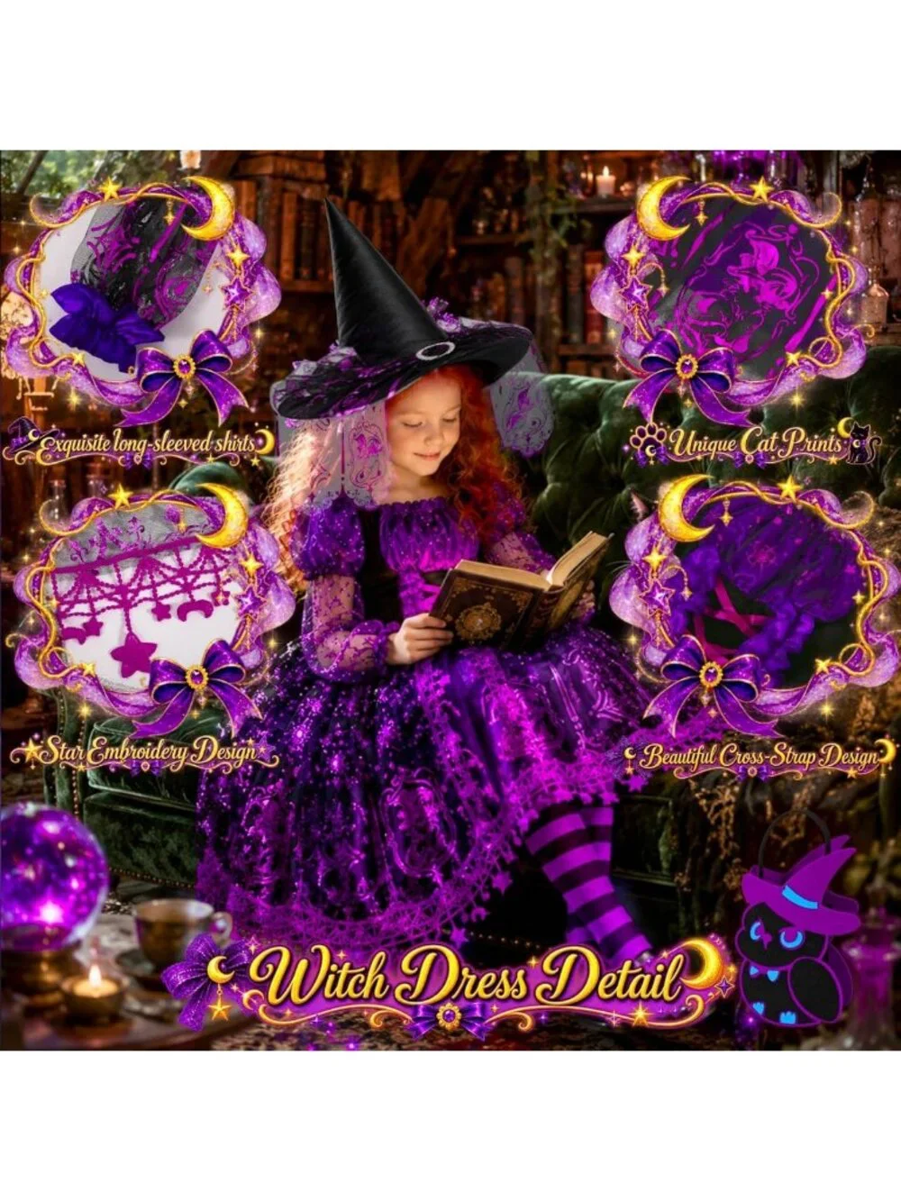 Light Up Witch Costume for Girls, Spooky Halloween Outfit for Kids 3-10